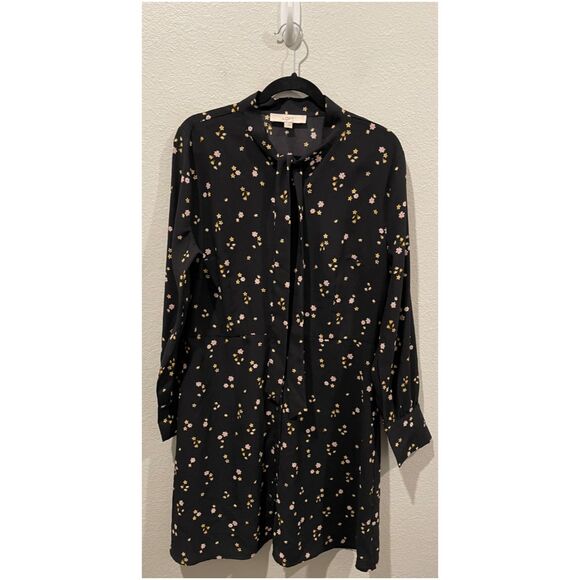 LOFT Floral Tie Neck Long Sleeves Flare Mini Black Dress - Picture 2 of 6